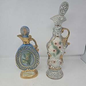 Vintage 1973 Jim Beam Gold and Blue Tulips And Pink Gold Whiskey Decanters